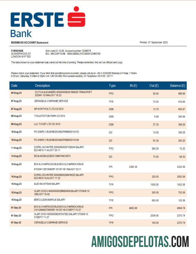Baixável Erste Bank Firm Extrato de conta corrente modelo Word e PDF